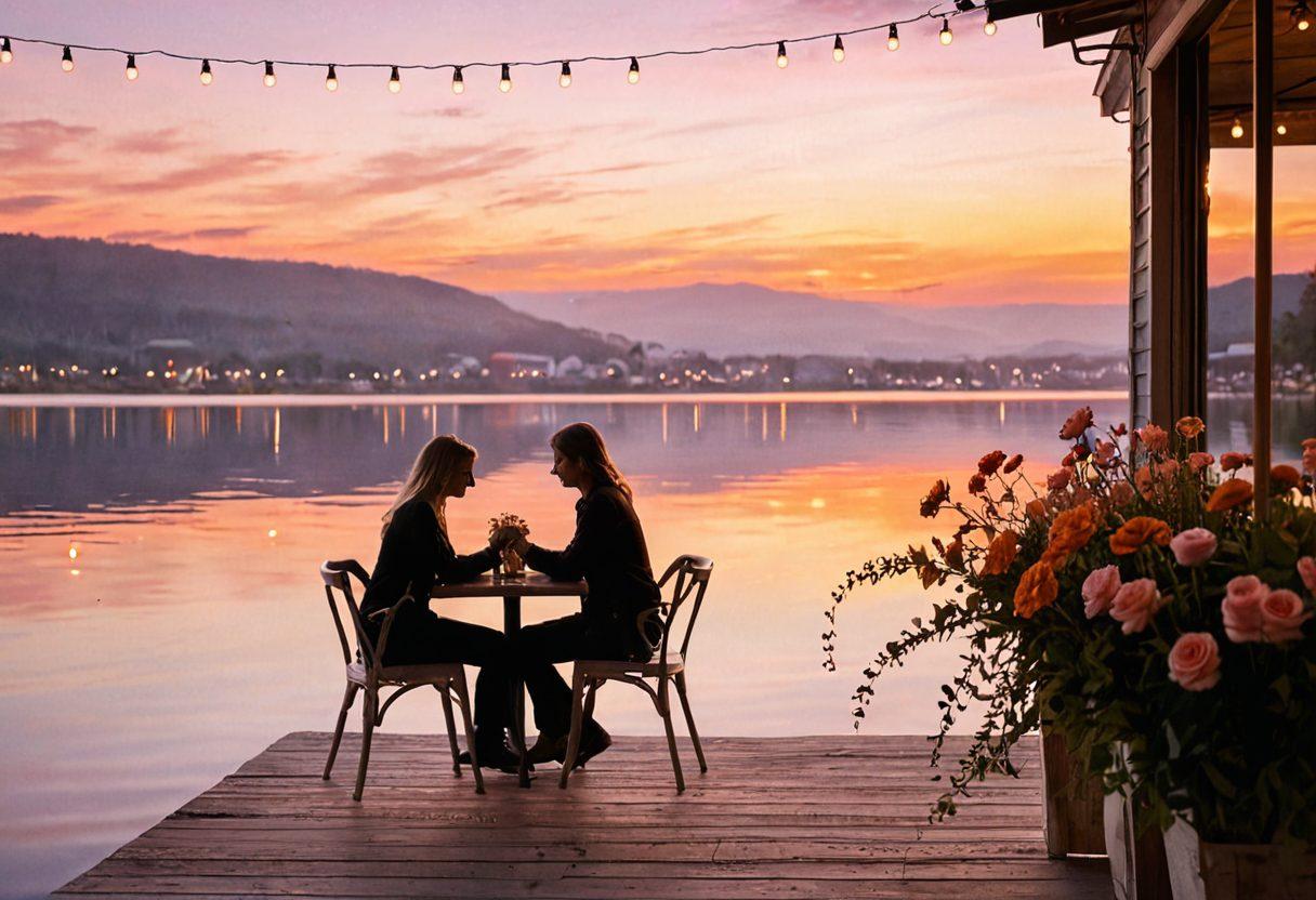 A serene sunset at a cozy outdoor café by the lakeside, featuring a couple sharing a deep and meaningful conversation while holding hands. The background shows soft, warm hues of orange and pink sky, reflecting off the calm water. A bouquet of fresh flowers on the table and gentle string lights hanging above add a romantic atmosphere. super-realistic. vibrant colors. warm lighting.