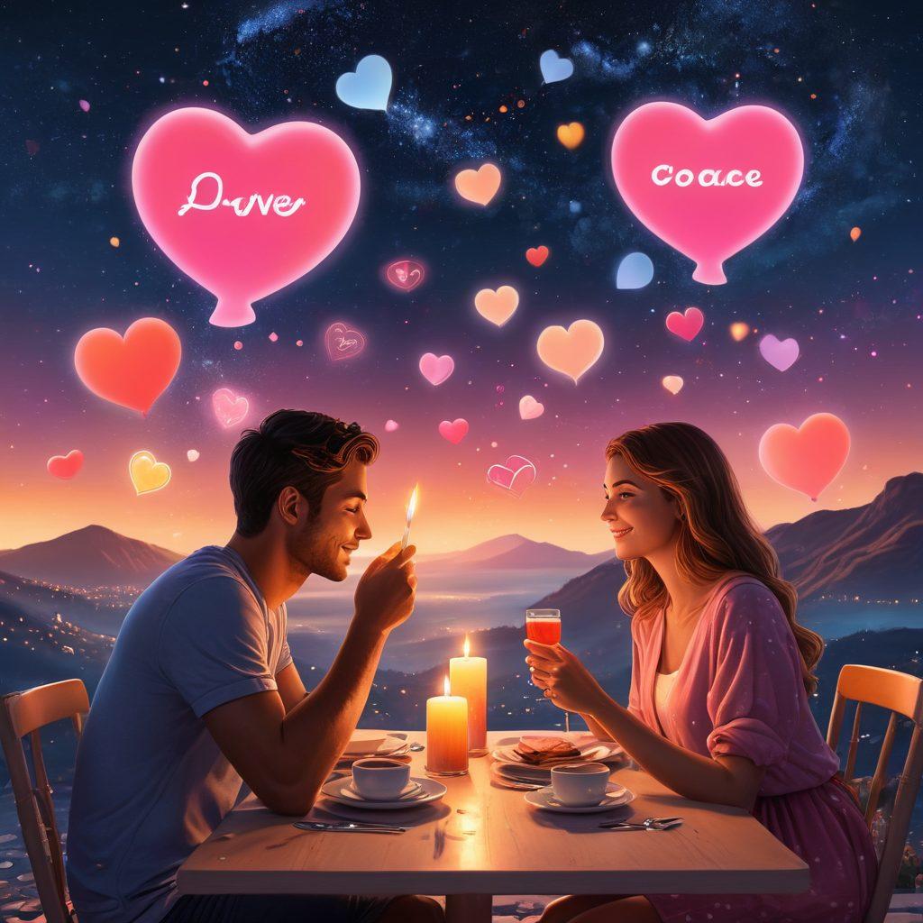 A cozy candlelit dinner between two adults sharing a heartfelt conversation, with warm, soft lighting and a romantic ambiance. Subtle icons of chat bubbles and hearts float around the scene, hinting at digital connections. The background features a subtle blend of a dating app interface and a serene, moonlit night sky. super-realistic. vibrant colors. warm tones. romantic atmosphere.