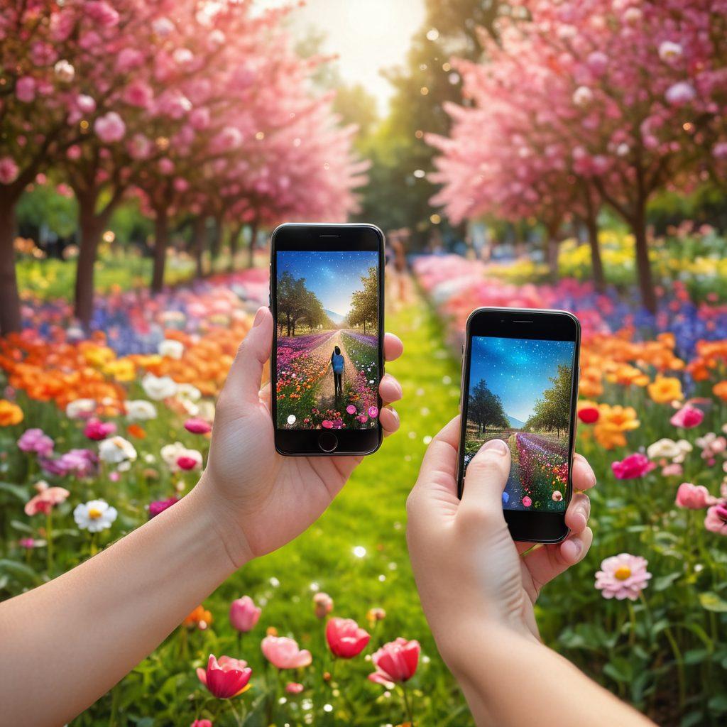 A heartfelt scene of a couple holding hands for the first time, surrounded by blooming flowers and subtle sparkles, with a smartphone in the background symbolizing their initial online connection. The image should evoke emotions of joy, warmth, and authentic connection. super-realistic. vibrant colors. soft focus.